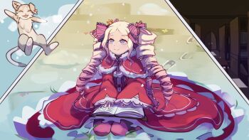 1boy 1girl animal_ears beatrice_(re:zero) blonde_hair blue_eyes book bug butterfly butterfly-shaped_pupils cat cat_ears cat_tail crown dress drill_hair footprints frills gingersnap2905 hair_ornament highres insect library looking_up pantyhose puck_(re:zero) re:zero_kara_hajimeru_isekai_seikatsu red_dress sitting snow symbol-shaped_pupils tail twin_drills twintails winter
