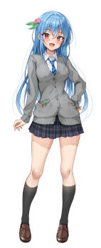 1girl alternate_costume amagi_(amagi626) arm_at_side black_skirt black_socks blue_hair blue_necktie blush brown_shoes cardigan collared_shirt commentary_request diagonal-striped_clothes diagonal-striped_necktie dress_shirt fang food-themed_hair_ornament full_body grey_cardigan hair_ornament hand_on_own_hip highres hinanawi_tenshi kneehighs loafers long_hair looking_at_viewer miniskirt necktie open_mouth peach_hair_ornament plaid_clothes plaid_skirt pleated_skirt red_eyes school_uniform shirt shoes skirt socks solo standing straight_hair striped_clothes thighs touhou very_long_hair white_shirt