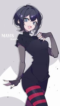 1girl absurdres black_hair black_nails black_shirt black_skirt breasts character_name commentary fang grey_background grey_eyes hand_up highres hotel_transylvania looking_at_viewer mavis_dracula miniskirt priest77 shirt short_hair simple_background skin_fang skirt solo striped_clothes striped_thighhighs symbol-only_commentary thighhighs two-tone_background white_background