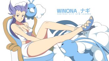 1girl altaria artist_collaboration beak blue_footwear breasts chair character_name cleavage commentary crop_top english_commentary english_text evolutionary_line fluff fluffy gen_3_pokemon high_heels highres jhonb long_hair nintendo pointy_hair pokemon pokemon_(creature) pokemon_rse purple_eyes purple_hair shorts sleepwear swablu vivivoovoo white_beak white_shorts winona_(pokemon)