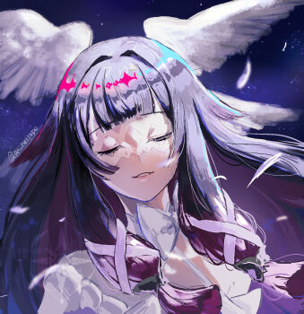 1girl absurdres an_neipopo blunt_bangs closed_eyes columbina_(genshin_impact) feathers floating_hair genshin_impact grey_hair hair_intakes hair_ribbon head_wings highres long_hair mask parted_lips portrait ribbon sketch solo twitter_username upper_body watermark white_feathers white_ribbon wings