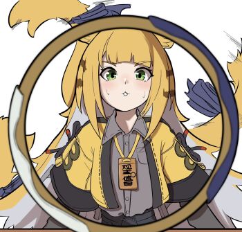 1girl afterimage animal_ear_fluff animal_ears blonde_hair blurry blurry_foreground bow colored_inner_hair commentary_request green_eyes grey_shirt high-waist_shorts highres jacket ju_fufu long_hair looking_at_viewer medallion motion_lines multicolored_hair orange_fur parted_lips potyaskeleton shirt shorts solo striped_fur striped_hair sweat tail tail_bow tail_ornament tiger_ears tiger_girl tiger_stripes tiger_tail upper_body v-shaped_eyebrows yellow_jacket zenless_zone_zero