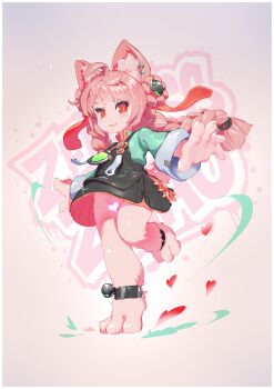 1girl absurdres ahoge animal_ear_fluff animal_ear_piercing animal_ears animal_feet animal_hands ankle_strap barefoot black_skirt bluesnail braid censored flat_chest full_body furry furry_female green_shirt hair_ornament heart heart_censor highres loli long_hair long_sleeves looking_at_viewer miniskirt no_panties open_mouth pink_fur pink_hair pleated_skirt rabbit_ears rabbit_girl rabbit_tail red_eyes shirt skirt solo sphere_hair_ornament standing standing_on_one_leg tail thick_eyebrows twin_braids variant_set zenless_zone_zero zhao_(zenless_zone_zero)