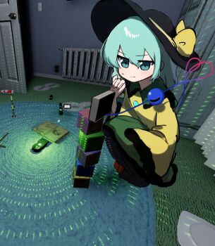 1girl alphabet_blocks black_hat black_pantyhose blush book cabinet candle candlestand door frilled_skirt frilled_sleeves frills furrowed_brow game_screenshot_background green_eyes green_hair green_skirt hat hat_ribbon heart heart_of_string komeiji_koishi long_sleeves nunonekonu open_book pantyhose phasmophobia plate radiator ribbon screenshot_background shirt skirt small_sweatdrop squatting third_eye touhou wide_sleeves yellow_ribbon yellow_shirt