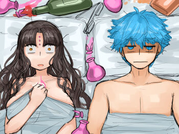 1boy 1girl absurdres aftersex black_hair blue_eyes bottle breasts covering_breasts covering_privates drink embarrassed facial_mark fate/grand_order fate_(series) forehead_mark glasses hans_christian_andersen_(adult)_(fate) hans_christian_andersen_(fate) hetero highres long_hair looking_at_viewer lying on_back pillow potion sessyoin_kiara short_hair steamingtofu surprised topless_male wide-eyed yellow_eyes