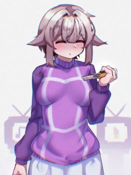 1girl absurdres blush boxcutter brown_hair chromatic_aberration closed_eyes commentary cowboy_shot english_commentary hair_flaps hair_intakes highres holding holding_boxcutter jahe_png no_bra parted_lips plaid_clothes plaid_sweater purple_sweater short_hair sidelocks skirt solo sweater turtleneck turtleneck_sweater urotsuki white_skirt yume_2kki