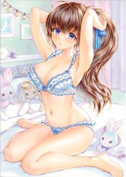 1girl armpits arms_up barefoot bed bedroom blue_eyes blue_ribbon bow bow_bra bow_panties bra breasts brown_hair collarbone commentary_request frilled_bra frilled_panties frills hair_between_eyes hair_ribbon highres indoors large_breasts long_hair looking_at_viewer marker_(medium) navel on_bed original panties parted_lips picture_frame ponytail ribbon sitting solo stuffed_animal stuffed_rabbit stuffed_toy thighhighs traditional_media underwear underwear_only user_nrwm4332 wariza white_bra white_panties wispy_bangs