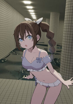 1girl absurdres armband backrooms_(creepypasta) bikini blue_bikini blue_eyes braid braided_ponytail breasts brown_hair collarbone dream_pool frilled_armband frills hair_ribbon highres leaning_forward liminal_space long_hair looking_up love_live! love_live!_nijigasaki_high_school_idol_club masami_atabe medium_breasts navel open_mouth osaka_shizuku osaka_shizuku_(odaiba_beach_girl) ribbon swimsuit tile_floor tile_wall tiles water