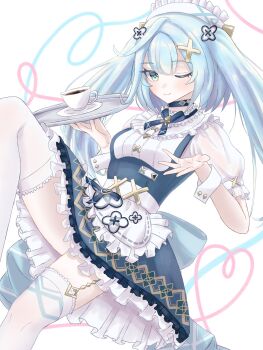 1girl apron aqua_hair blue_bow blue_choker blue_dress bow choker closed_mouth cup dress faruzan_(genshin_cafe_in_seoul)_(genshin_impact) faruzan_(genshin_impact) fukinotou_8 genshin_impact green_eyes hair_ornament hat heart highres holding holding_tray leg_up light_smile long_hair maid maid_apron maid_day maid_headdress official_alternate_costume one_eye_closed plate puffy_short_sleeves puffy_sleeves short_dress short_sleeves simple_background solo symbol-shaped_pupils teacup thighhighs thighs tray triangle-shaped_pupils twintails waist_apron white_apron white_background white_sleeves white_thighhighs wrist_cuffs