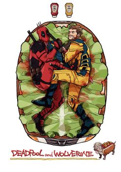 2boys absurdres animal belt belt_pouch blood blood_on_clothes blue_footwear blue_gloves boots brown_belt brown_hair character_name claw_(weapon) commentary copyright_name deadpool deadpool_&amp;_wolverine deadpool_(series) dog dogpool eye_contact food foot_on_another's_chest gloves highres holding holding_sword holding_weapon hot_dog impaled in_food katana ketchup ketchup_bottle knee_up lettuce looking_at_another lying male_focus marvel marvel mochishio multiple_boys mustard mustard_bottle no_pupils on_side pouch short_hair simple_background stab superhero_costume sword sword_on_back symbol-only_commentary tongue tongue_out weapon weapon_on_back white_background white_eyes wolverine_(x-men) x-men