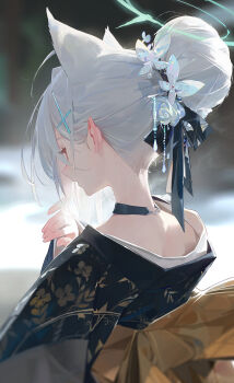 1girl alternate_costume alternate_hairstyle animal_ears blue_archive choker commentary cross_hair_ornament extra_ears from_behind hair_bun hair_ornament hand_up highres japanese_clothes kimono modare nape neck_focus open_mouth shiroko_terror_(blue_archive) solo teeth upper_teeth_only wolf_ears wolf_girl