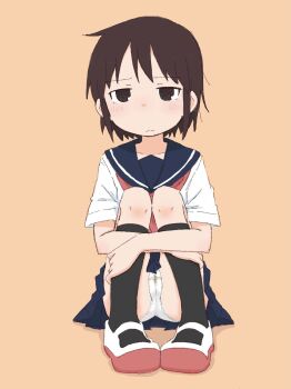 1girl black_socks blue_sailor_collar blue_skirt blush brown_eyes brown_hair cameltoe closed_mouth collarbone female_focus full_body half-closed_eyes have_to_pee hugging_own_legs kneehighs knees_up looking_afar matching_hair/eyes miniskirt neckerchief orange_background original panties pee peeing peeing_self pigeon-toed pleated_skirt ponnu_(tnpn2yw) red_neckerchief red_shoes sailor_collar school_uniform serafuku shirt shoes short_hair short_sleeves sidelocks simple_background sitting skirt socks solo split_mouth underwear upskirt wet wet_clothes wet_panties white_panties white_shirt