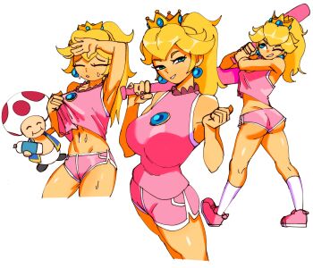 1boy 1girl 3amsoda absurdres alternate_costume alternate_hairstyle arm_up armpits ass bare_shoulders baseball_bat blonde_hair blue_eyes bottle breasts butt_crack closed_eyes dolphin_shorts earrings full_body highres jewelry large_breasts looking_at_viewer looking_up mario_(series) mario_super_sluggers mario_superstar_baseball model_sheet navel nintendo official_alternate_costume one_eye_closed pearl_earrings ponytail princess_peach princess_peach_(summer_sports) shoes short_shorts shorts smile socks sweat toad_(mario) white_background