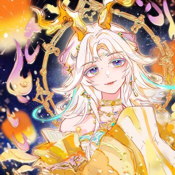 Rule 34 | 1girl, aerial fireworks, antlers, aqua ribbon, bare shoulders, blue eyes, chinese clothes, chinese commentary, chinese new year, choker, chroma's mortal heart (infinity nikki), closed mouth, commentary request, deer antlers, detached sleeves, dot nose, dress, earrings, facial mark, fireworks, forehead mark, gold choker, gold earrings, gold necklace, gradient eyes, hair ornament, hair ribbon, halftone, halo, halo behind head, happy, highres, horns, infinity nikki, jewelry, lantern, lipstick, long hair, long sidelocks, long sleeves, looking ahead, makeup, multicolored eyes, necklace, ni zhe bai chifan de mao!, night, nikki (series), outdoors, outline, paper lantern, pink lips, ribbon, sidelocks, sky, sleeves past fingers, sleeves past wrists, smile, solo, star (sky), starry sky, strapless, strapless dress, textless version, upper body, very long hair, white hair, wide sleeves, yellow dress, yellow eyes, yellow halo, yellow horns, yellow outline, yellow sleeves