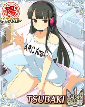 1girl bedroom black_hair blue_panties border bra_strap breasts card_(medium) character_name closed_mouth english_text game_cg headphones headset hime_cut large_breasts long_hair official_alternate_costume official_art panties pillow red_eyes senran_kagura senran_kagura_new_wave shirt sitting smile solo tsubaki_(senran_kagura) underwear wariza waving white_shirt