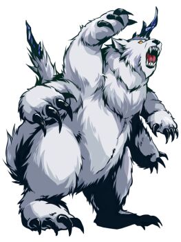 1other black_claws call_of_cthulhu commentary_request cthulhu_mythos extra_arms gnoph-keh horns monster no_humans open_mouth orange_eyes sharp_teeth simple_background single_horn solo tail teeth tmtkai white_background