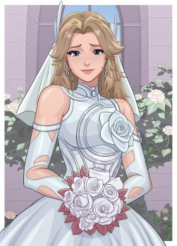 1girl absurdres bare_shoulders blonde_hair blue_eyes bouquet breasts bridal_veil church commentary cowboy_shot detached_sleeves dress earrings english_commentary fantastic_four flower hair_ornament happy high_collar highres holding holding_flower jewelry kim_kai leaf light_blush light_smile long_hair marvel marvel_rivals medium_breasts narrow_waist outdoors pink_lips rose sleeveless sleeveless_dress sue_storm veil wedding_dress white_flower