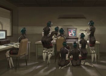 6+girls android blue_hair chair commentary computer desk desk_lamp english_commentary eule_(signalis) group_picture hatsune_miku highres indoors lamp maekl_029 magnet_(vocaloid) megurine_luka monitor multiple_girls on_floor seiza short_hair signalis sitting standing tile_floor tiles