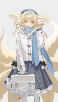 1girl alternate_costume animal_ear_fluff animal_ears arknights beret black_bow black_skirt blonde_hair blue_hairband blue_hat blue_scarf bow braid braided_hair_rings briefcase closed_mouth fox_ears fox_girl fox_tail frilled_skirt frills gloves green_eyes grey_background hair_rings hairband hand_up hat highres holding jacket kitsune long_sleeves looking_at_viewer ns404 pantyhose plaid_clothes plaid_skirt pleated_skirt scarf school_briefcase simple_background single_glove skirt sleeves_past_wrists solo standing straight-on suzuran_(arknights) tail twin_braids white_gloves white_jacket white_pantyhose