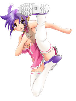 1girl absurdres bell blue_eyes blush_stickers breasts china_dress chinese_clothes cleavage covering_breasts covering_privates dress flying_kick full_body hair_bell hair_ornament highres kicking large_breasts leg_up ma_renka matsuena_shun official_art open_mouth panties pink_dress purple_eyes purple_hair purple_shoes shijou_saikyou_no_deshi_ken'ichi shirt shoes short_hair simple_background sleeveless sleeveless_dress solo sweat thighhighs torn_clothes torn_dress underwear v-shaped_eyebrows white_background white_panties white_thighhighs