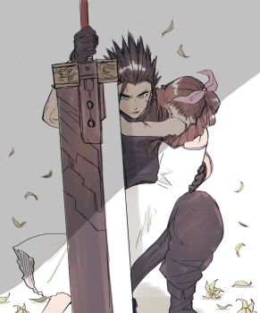 1boy 1girl aerith_gainsborough ah_yoshimizu black_boots black_gloves black_hair black_pants black_shirt blue_eyes boots breasts brown_hair buster_sword closed_eyes commentary_request crisis_core_final_fantasy_vii dress facing_away feet_out_of_frame final_fantasy final_fantasy_vii flower gloves grey_background hair_ribbon holding holding_person holding_weapon huge_weapon injury leaf long_hair looking_at_viewer motion_blur on_one_knee pants petals pink_ribbon ponytail protecting ribbon scar scar_on_face shirt short_hair simple_background sketch sword v-shaped_eyebrows weapon white_dress widow&#039;s_peak wind zack_fair