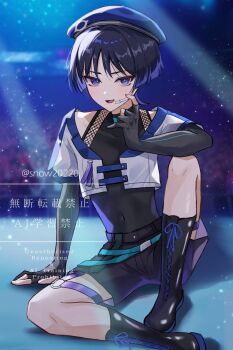 1boy alternate_costume arm_support belt beret black_bodysuit black_boots black_gloves black_hair black_shorts blue_belt blue_hat blue_trim blunt_ends bodysuit boots bright_pupils buckle covered_collarbone covered_navel cropped_jacket elbow_gloves elbow_on_arm eyeliner eyeshadow fishnet_top fishnets full_body genshin_impact gloves hand_on_ground hat headset highres idol jacket knee_boots knee_up lace-up_boots looking_at_viewer makeup male_focus microphone o-ring o-ring_thigh_strap open_mouth partially_fingerless_gloves purple_eyes red_eyeliner red_eyeshadow sanpaku scaramouche_(genshin_impact) short_sleeves shorts sitting snow20200 solo thigh_strap tongue tsurime twitter_username watermark white_jacket white_pupils white_sleeves white_trim zipper