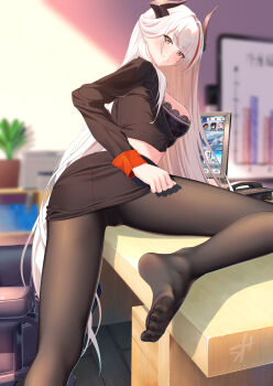 1girl admiral_zenker_(azur_lane) azur_lane blush bra brown_eyes feet highres horns long_hair looking_at_viewer miniskirt open_clothes open_shirt panties panties_under_pantyhose pantyhose pantyshot skirt soles toes underwear wcks0774 white_hair