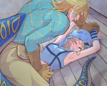 1boy 1girl armpits blonde_hair blue_eyes breasts diego_brando dinosaur_tail genderswap genderswap_(mtf) hat highres johnny_joestar jojo_no_kimyou_na_bouken lips medium_hair midriff one_eye_closed star_(symbol) steel_ball_run sweat tail yuki_jj