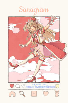 1girl :d absurdres armband blonde_hair capelet cloud commentary_request crown dated dress fake_phone_screenshot fake_screenshot full_body fur-trimmed_capelet fur_trim gloves hair_ornament happy_birthday hashtag high_heels highres instagram long_hair looking_at_viewer mini_crown naranoashika natori_sana natori_sana_(sana_channel_king) official_alternate_costume open_mouth outstretched_arms pink_dress rabbit_hair_ornament red_capelet red_eyes red_sash red_shoes sana_channel sash shoes sky smile solo spread_arms standing standing_on_one_leg thighhighs translation_request two_side_up user_interface virtual_youtuber white_gloves white_thighhighs