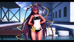 1girl 3d :3 action_taimanin animal_ears animal_print animated artist_request ass ass_focus ass_shake audible_music bare_legs bare_shoulders bikini black_bikini blue_sky blush breasts brown_eyes brown_hair cat_ears cat_print dancing fake_animal_ears hair_ribbon hands_on_own_hips highres jiggle long_hair looking_at_viewer mikumikudance_(medium) mizuki_yukikaze official_alternate_costume ribbon simple_background sky small_breasts solo sound swimsuit taimanin_(series) taimanin_yukikaze tan tanline very_long_hair video