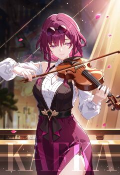 1girl absurdres alternate_costume artist_name belt breasts closed_mouth commentary_request english_text eyewear_on_head falling_petals highres holding holding_instrument honkai:_star_rail honkai_(series) indoors instrument kafka_(honkai:_star_rail) lantian_ol long_hair long_sleeves music petals playing_instrument purple_eyes purple_hair purple_skirt shirt side_slit skirt smile solo sunglasses violin white_shirt