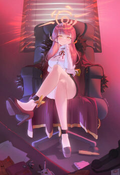 1girl absurdres artist_name aru_(blue_archive) ass black_footwear black_jacket black_skirt blouse blue_archive blush breasts brown_jacket bullet card chair closed_mouth coat coat_on_shoulders credit_card crossed_legs demon_girl demon_horns dot_nose feet fur_coat gloves halo hancho hand_on_own_face hand_up high_heels highres holding horns id_card jacket large_breasts legs long_coat long_hair long_sleeves on_chair orange_eyes paper pen phone pink_eyes pink_hair red_eyes red_hair red_ribbon ribbon shirt sitting skirt slit smile smirk solo thighs toe_cleavage wallet white_gloves white_shirt