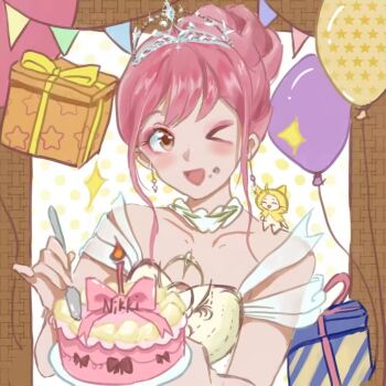 Rule 34 | > o, 1girl, animal, animal on shoulder, armor, balloon, bare arms, bare shoulders, birthday cake, border, breastplate, brown border, brown eyes, cake, cat, cat on shoulder, chinese commentary, choker, clothed animal, clothing cutout, collarbone, commentary request, commission, crumbs, dress, earrings, eyelashes, eyeshadow, food, frilled choker, frills, garland (decoration), gift, hair bun, happy, holding, holding plate, holding spoon, infinity nikki, jewelry, light blush, looking at viewer, makeup, melody bloom (infinity nikki), momo (nikki), nikki (nikki), nikki (series), one eye closed, open mouth, outside border, pink eyeshadow, pink hair, plate, polka dot, polka dot background, see-through clothes, see-through sleeves, short hair with long locks, short sleeves, shoulder cutout, sidelocks, single hair bun, smile, solo, sparkle, spoon, tiara, undersized animal, updo, upper body, white background, white choker, white dress, yekeqi