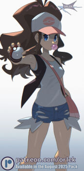 1girl artist_name black_vest blowing_bubble_gum blue_eyes blue_shorts brown_hair chewing_gum commentary exposed_pocket eyelashes hand_up hat hilda_(pokemon) holding holding_poke_ball knees long_hair looking_at_viewer nintendo open_clothes open_vest orlek patreon_logo poke_ball poke_ball_(basic) pokemon pokemon_bw shirt shorts sidelocks sleeveless sleeveless_shirt solo vest watermark web_address wristband