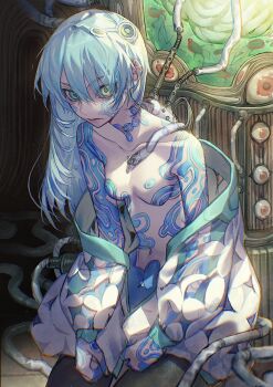 1girl absurdres black_pantyhose blue_hair blue_tattoo breasts cable closed_mouth collarbone commentary_request full-body_tattoo green_eyes hair_between_eyes hands_on_lap highres jacket kneeling long_hair looking_at_viewer machinery navel no_nipples no_shirt off_shoulder original pantyhose see-through_clothes see-through_jacket small_breasts solo soono_(rlagpfl) tattoo topless_female