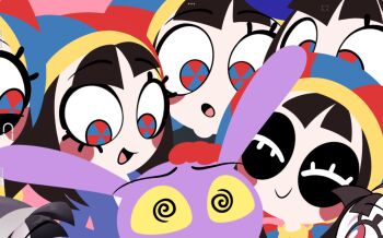 Rule 34 | 1boy, @ @, animal ears, black hair, blue hat, clone, closed eyes, closed mouth, colored skin, gloves, hat, headpat, highres, jax (the amazing digital circus), jester cap, looking at another, looking down, open mouth, pomni (the amazing digital circus), purple skin, rabbit boy, rabbit ears, red gloves, short hair, smile, starfirell1, the amazing digital circus, two-tone hat, yellow eyes