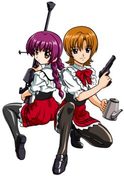 Rule 34 | 2girls, ass, bandabekken, bipod, black pantyhose, black shoes, blue eyes, bow, bowtie, braid, bronze parrot, brown hair, closed mouth, coffee pot, cummerbund, dot mouth, finger on trigger, frilled shirt, frills, full body, gun, hand up, handgun, hiiragi najica, holding, holding coffee pot, holding gun, holding weapon, lila (najica), loafers, long hair, looking at viewer, looking back, multiple girls, najica dengeki sakusen, orange eyes, pantyhose, pleated skirt, purple hair, red bow, red bowtie, red skirt, rifle, shirt, shoes, short hair, simple background, skirt, smile, sniper rifle, twin braids, waitress, weapon, white background, white shirt