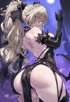 1girl absurdres ass back black_dress black_gloves black_panties breasts dress ebora elbow_gloves fate/grand_order fate_(series) gloves grey_eyes hand_up highres kriemhild_(fate) large_breasts looking_at_viewer low_wings panties ponytail underwear white_hair wings