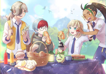 1boy 3girls ;d arven_(pokemon) basket blonde_hair bombirdier bottle bread brown_hair cloud commentary_request cup dark-skinned_female dark_skin day eating eyelashes fidough food glasses green_hair highres holding holding_food holding_knife holding_poke_ball juliana_(pokemon) ketchup_bottle knife multicolored_hair multiple_girls mustard_bottle nacli nemona_(pokemon) nintendo one_eye_closed open_mouth orange_eyes outdoors penny_(pokemon) plate poke_ball poke_ball_(basic) pokemon pokemon_(creature) pokemon_sv ponytail red_hair round_eyewear sandwich schafe_kuh short_hair sky smile smoliv sweatdrop teeth two-tone_hair