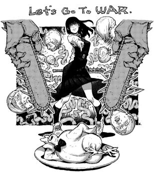 1girl blood bucky_(chainsaw_man) chainsaw chainsaw_devil chainsaw_man closed_mouth collared_shirt cross_scar english_text facial_scar greyscale horror_(theme) intestines ireading long_sleeves monochrome neck_ribbon open_mouth ribbon ringed_eyes scar scar_on_cheek scar_on_face school_uniform severed_head shirt yoru_(chainsaw_man)