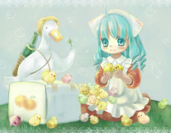 Rule 34 | 1girl, ahoge, animal, apron, aqua eyes, aqua hair, baby animal, bird, blush, bottle, character request, chick, closed mouth, clothed animal, clover, collared dress, commentary request, copyright request, curled ends, dome (artist), dress, duck, grass, grey background, hat, headscarf, holding, holding animal, holding clover, medium hair, on ground, package, red dress, ringlets, sitting, smile, solo, sun hat, three-quarter sleeves, white apron, white headscarf, wine bottle, yellow hat