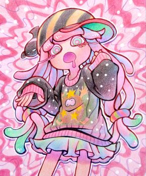 1girl :o alternate_costume baseball_cap black_sweater blue_hair blue_skirt christmas_sweater clownfish co_ma_tsu_na colored_eyelashes commentary_request cowboy_shot drooling fish gradient_hair green_eyes green_hair hair_ornament hair_scrunchie hand_up harmony&#039;s_clownfish_(splatoon) harmony_(splatoon) hat highres long_hair long_sleeves looking_at_viewer mouth_drool multicolored_hair multicolored_scrunchie nintendo open_mouth oversized_clothes pink_hair pink_pupils print_sweater scrunchie sideways_hat skirt sleeves_past_wrists solo splatoon_(series) splatoon_3 standing striped_clothes striped_headwear sweater tentacle_hair very_long_hair yellow_hat