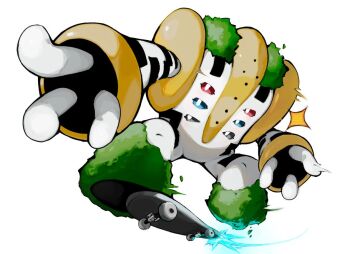 Rule 34 | commentary request, gen 4 pokemon, hakumogera, legendary pokemon, light trail, moss, nintendo, no humans, pokemon, pokemon (creature), regigigas, simple background, skateboard, skateboarding, solo, sparkle, white background