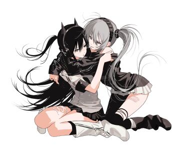 2girls absurdres artist_request blue_eyes boots gloves highres hug kneeling long_hair multiple_girls ponytail sitting skirt thighhighs twintails very_long_hair white_background white_hair yuri