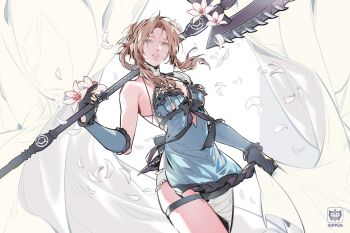 Rule 34 | 1girl, aerith gainsborough, bandaged arm, bandaged leg, bandaged neck, bandages, blue negligee, braid, braided hair rings, breasts, brown hair, cleavage, commentary, cosplay, english commentary, final fantasy, final fantasy vii, final fantasy vii: ever crisis, hair rings, highres, ippus, kaine (nier), kaine (nier) (cosplay), lingerie, looking at viewer, lunar tear, negligee, nier, nier (series), official alternate costume, official alternate hairstyle, parted lips, petals, single bare shoulder, solo, underwear