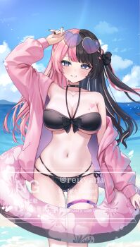 Rule 34 | 1girl, armpit crease, bare shoulders, bikini, black bikini, blue sky, blush, breasts, brown hair, cleavage, cloud, cloudy sky, collarbone, commentary request, day, eyewear on head, fingernails, heart, heart-shaped eyewear, highres, hood, hoodie, innertube, large breasts, long hair, long sleeves, looking at viewer, multicolored hair, nail polish, navel, outdoors, pink hair, pink hoodie, purple eyes, reityana, sky, smile, solo, stomach, swim ring, swimsuit, tachibana hinano, thighs, two-tone hair, virtual youtuber, vspo!, watermark