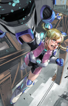 Rule 34 | 1girl, area (arika), blonde hair, boots, braid, fighting ex layer, gauntlets, glasses, jumpsuit, junny, mechanical arms, red-framed eyewear, single mechanical arm, solo, street fighter, street fighter ex (series), twin braids