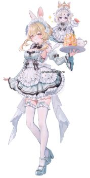 2girls adapted_costume alternate_costume animal_ears black_bow black_bowtie blonde_hair bow bowtie breasts closed_mouth comiket_107 commentary_request cup detached_sleeves enmaided floating_hair flower frilled_hairband frills full_body genshin_impact hair_between_eyes hair_flower hair_ornament hairband halo hand_up high_heels highres holding holding_tray long_sleeves looking_at_viewer lumine_(genshin_impact) maid maid_headdress medium_breasts multiple_girls paimon_(genshin_impact) rabbit_ears shoes short_hair_with_long_locks simple_background smile standing star_(symbol) star_hair_ornament suzuho_hotaru teacup teapot thighhighs tray twitter_username white_background white_flower white_hair white_hairband white_shoes white_sleeves white_thighhighs yellow_eyes zettai_ryouiki