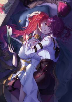 2girls absurdres book commentary_request highres himeko_(honkai:_star_rail) holding holding_book honkai:_star_rail honkai_(series) kafka_(honkai:_star_rail) kiss long_hair multiple_girls on_bed pantyhose purple_eyes purple_hair red_eyes red_hair ro-koko yuri