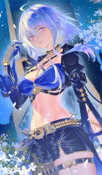1girl absurdres ahoge arm_pouch black_jacket black_pantyhose black_shorts blue_bra bra breasts commentary_request cropped_jacket galbrena_(wuthering_waves) gold_choker grey_hair hair_between_eyes hair_intakes hand_up highres jacket large_breasts looking_at_viewer medium_breasts medium_hair navel pantyhose parted_lips purple_eyes shorts single_leg_pantyhose solo stomach underwear wuthering_waves yan_yumo